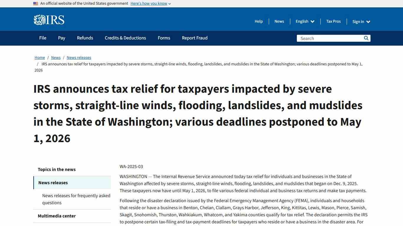 IRS announces tax relief for taxpayers impacted by severe storms, straight-line winds, flooding, landslides, and mudslides in the State of Washington; various deadlines postponed to May 1, 2026 | Internal Revenue Service